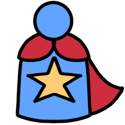 a blue figure with a gold star on their chest, smiling and wearing a red caepe.